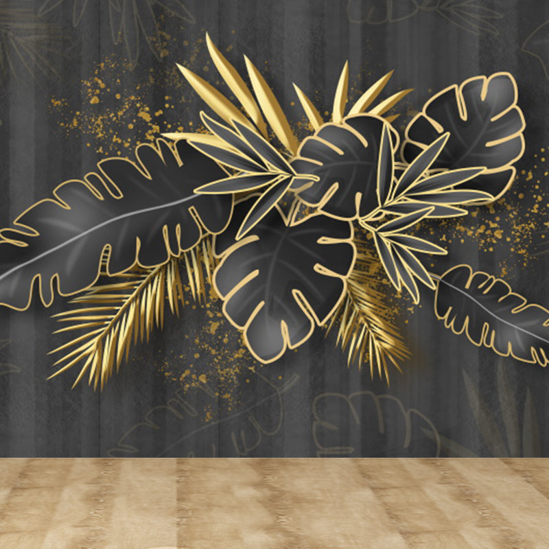 Botanical Leaf Pattern Mural Wallpaper Gold Tropical Wall Covering for Living Room