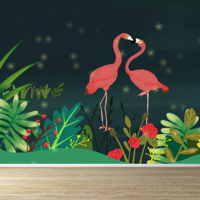 Illustration Style Flamingo Mural Giant Wall Covering for Dining Room, Made to Measure