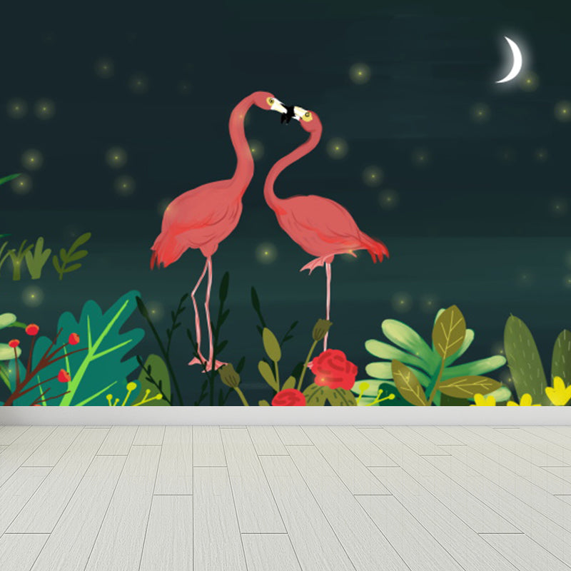 Illustration Style Flamingo Mural Giant Wall Covering for Dining Room, Made to Measure