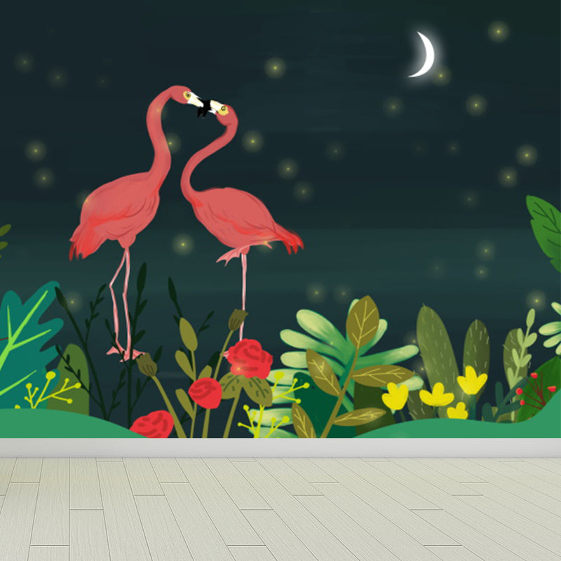Illustration Style Flamingo Mural Giant Wall Covering for Dining Room, Made to Measure