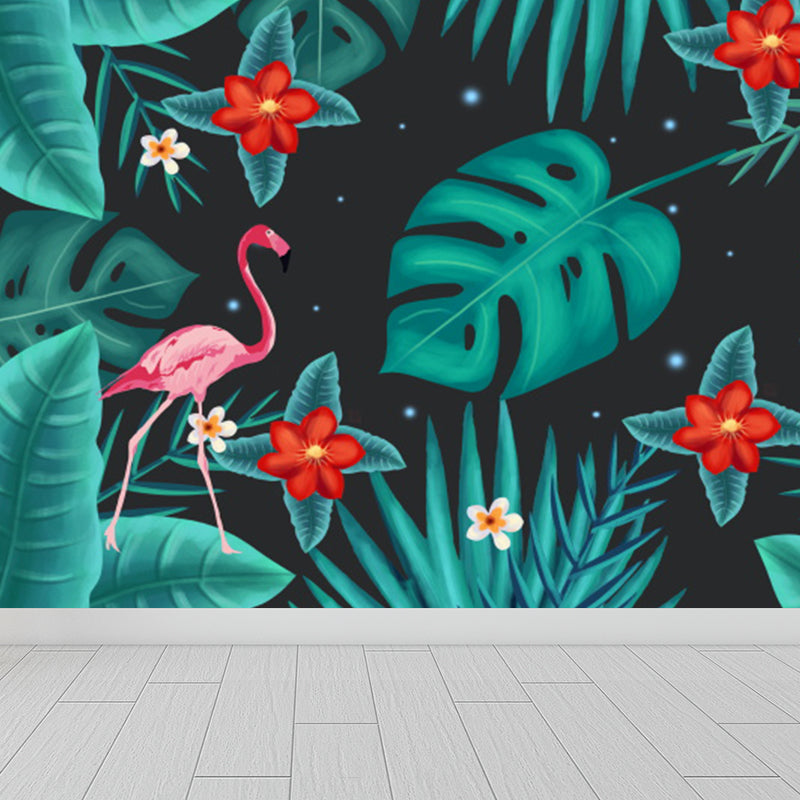 Tropica Flamingo Twins and Leaves Mural Non-Woven Washable Green Wall Art for Kitchen