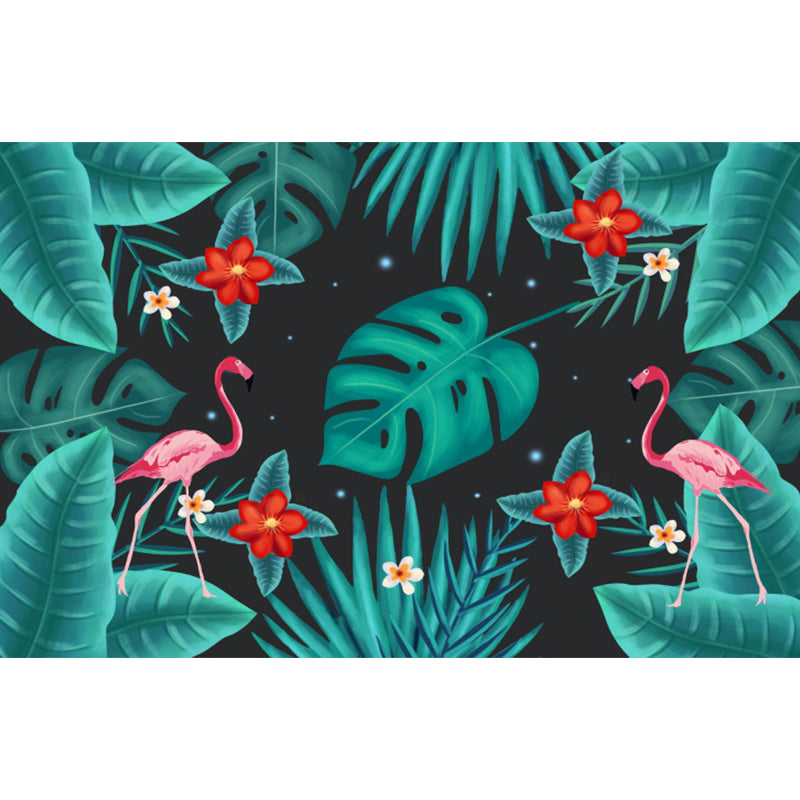 Tropica Flamingo Twins and Leaves Mural Non-Woven Washable Green Wall Art for Kitchen