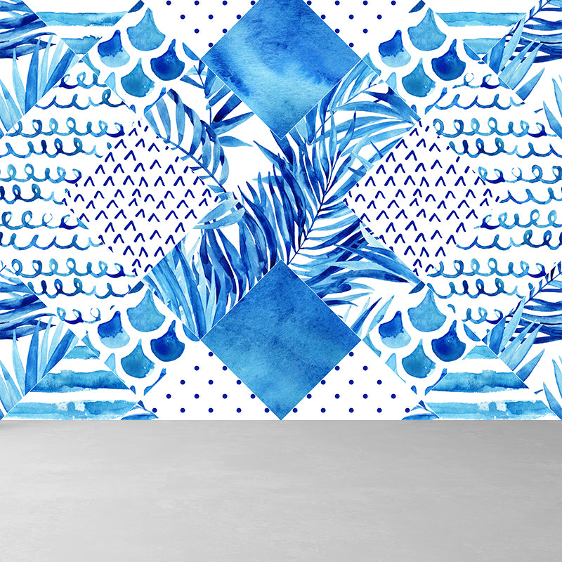 Extra Large Tropical Mural Wallpaper in Blue Leaves Pattern Wall Decor, Custom Printed