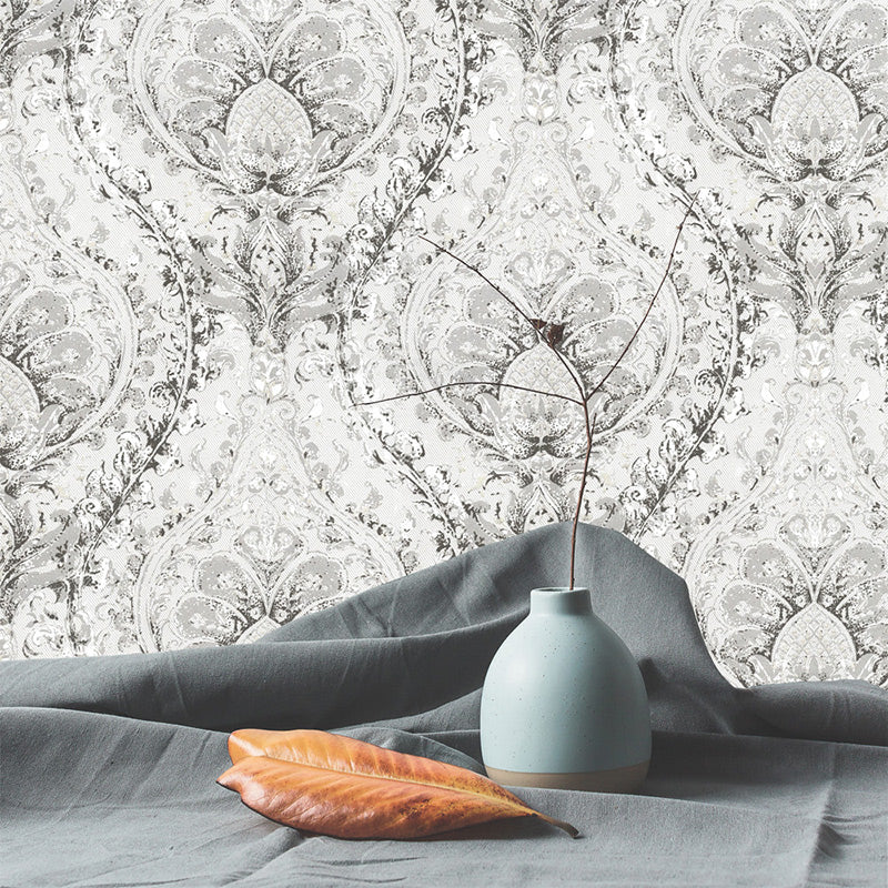 Grey Jacquard Wallpaper Roll Moisture Resistant Retro Dining Room Wall Art, 33' x 20.5"