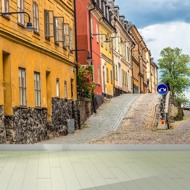 Photography Town Buildings Wall Mural for Living Room, Yellow, Custom Size Available