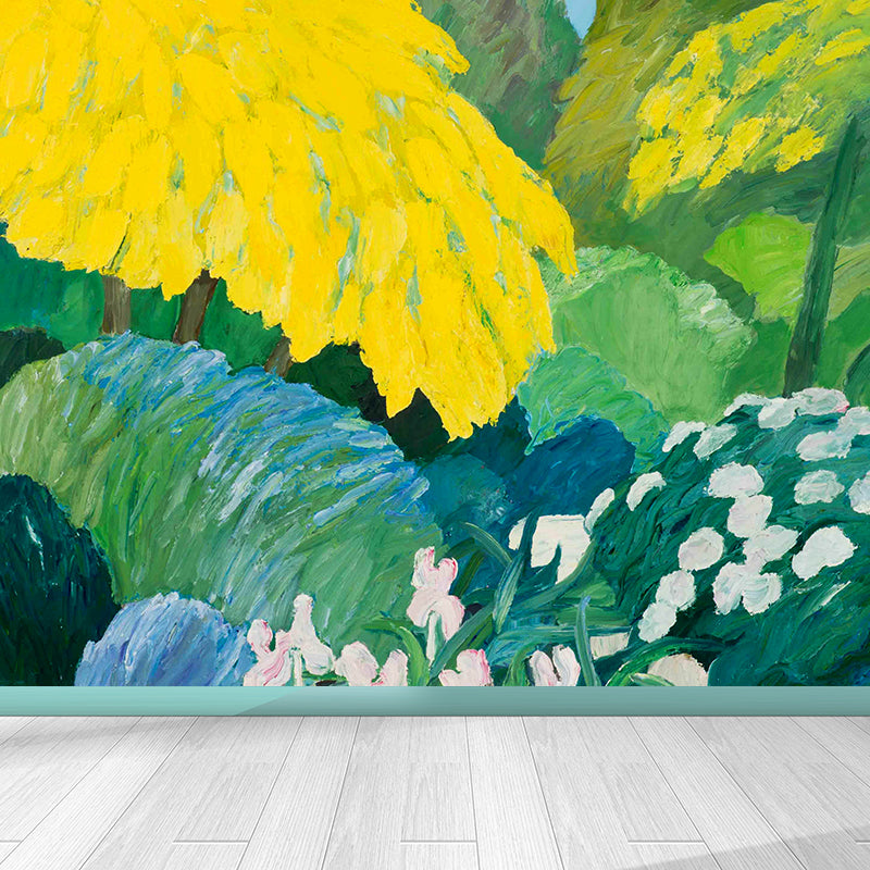 Green Contemporary Art Wall Mural Huge Flowers and Trees Wall Decor for Living Room