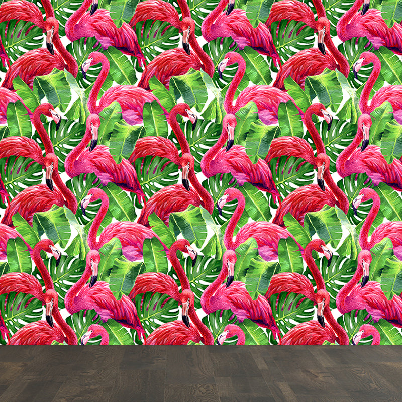 Flamingo and Leaves Wall Mural Tropical Decorative Girls Room Wall Covering, Custom
