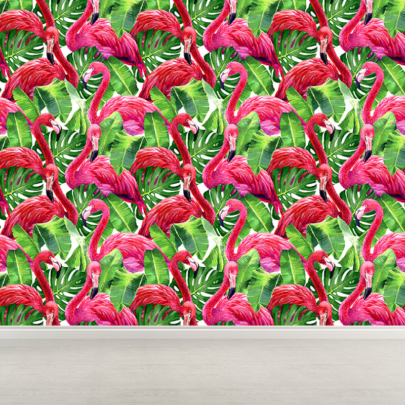 Flamingo and Leaves Wall Mural Tropical Decorative Girls Room Wall Covering, Custom