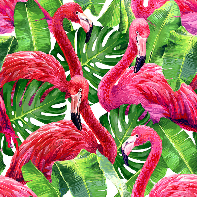 Flamingo and Leaves Wall Mural Tropical Decorative Girls Room Wall Covering, Custom