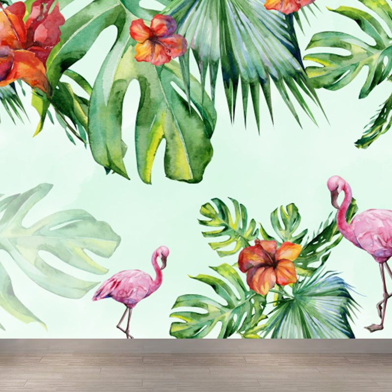 Green Flamingos and Flower Mural Wallpaper Moisture Resistant Wall Art for Dining Room