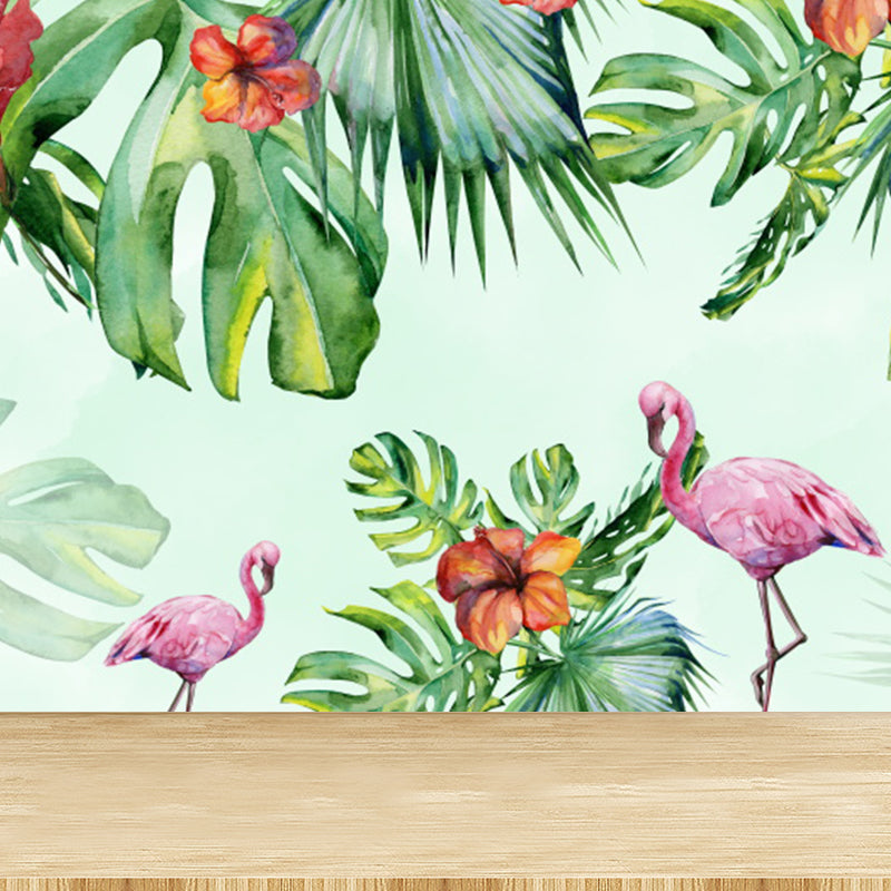 Green Flamingos and Flower Mural Wallpaper Moisture Resistant Wall Art for Dining Room