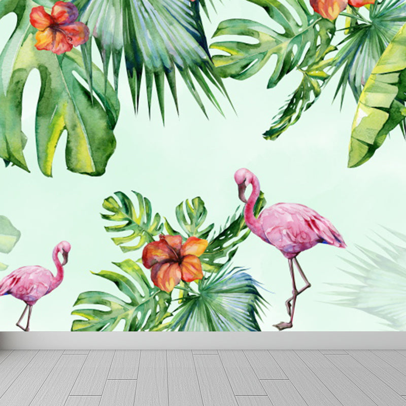 Green Flamingos and Flower Mural Wallpaper Moisture Resistant Wall Art for Dining Room