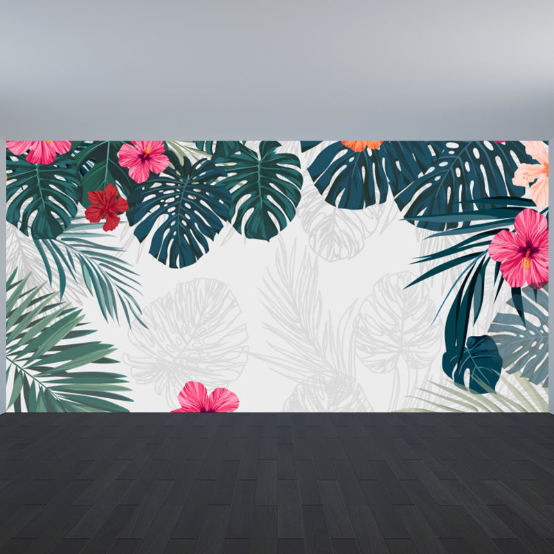 Full Size Illustration Tropical Mural Decal with Flowers and Leaves Landscape in White