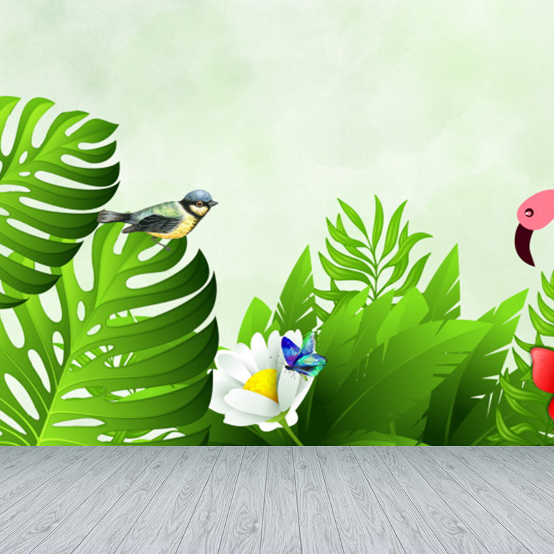 Flamingo and Leaves Mural Wallpaper Green Tropical Wall Covering for Living Room