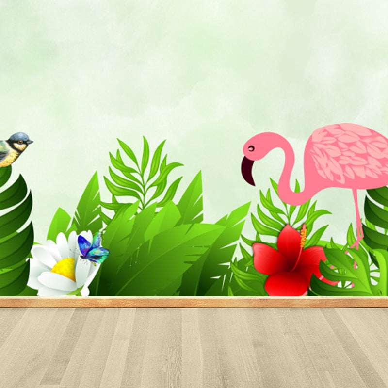 Flamingo and Leaves Mural Wallpaper Green Tropical Wall Covering for Living Room