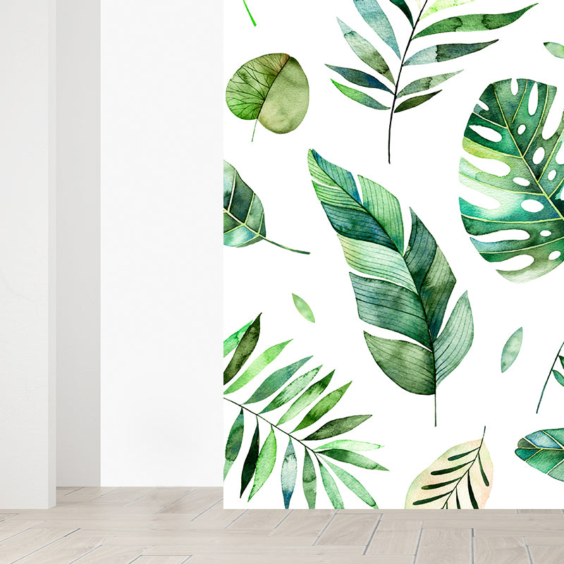 Green Diverse Leaves Wall Mural Moisture Resistant Tropical Living Room Wall Covering