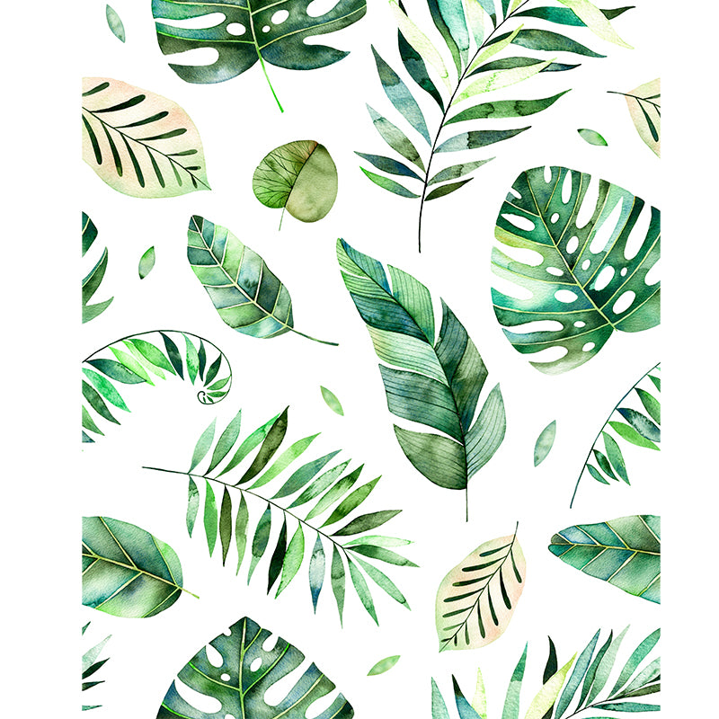 Green Diverse Leaves Wall Mural Moisture Resistant Tropical Living Room Wall Covering