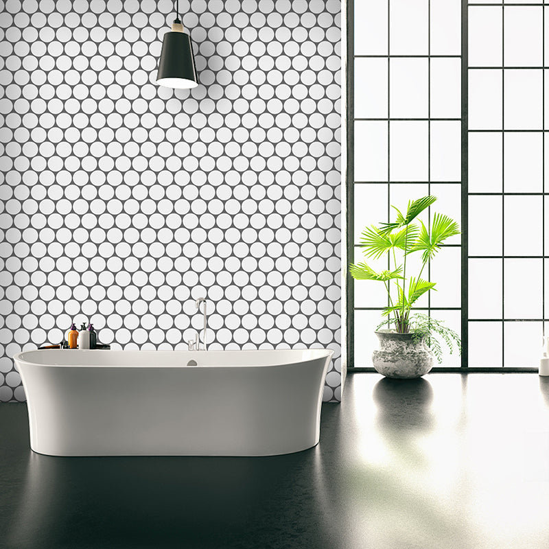 Modern Circles Print Wallpaper Panels White Bathroom Peel Wall Decor, 12' L x 12" W