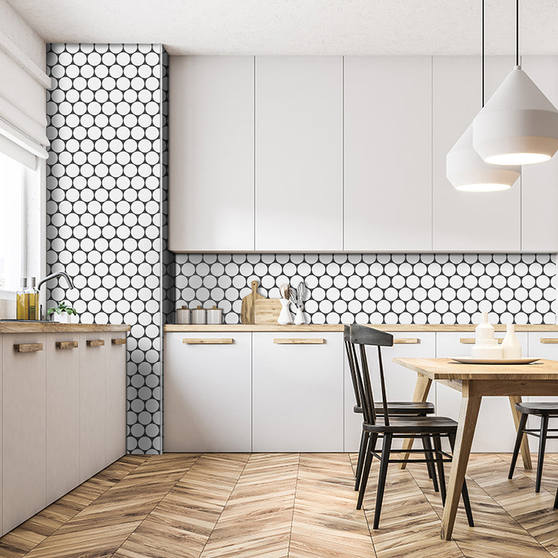 Modern Circles Print Wallpaper Panels White Bathroom Peel Wall Decor, 12' L x 12" W