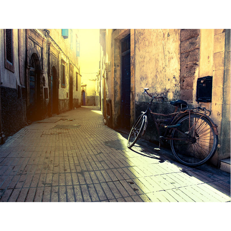 Light Yellow Contemporary Wall Mural Huge Bike and Houses Wall Decor for Living Room