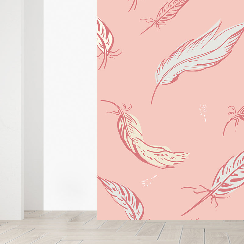 Nature Bird Feathers Mural Wallpaper Contemporary Non-Woven Wall Covering in Soft Color