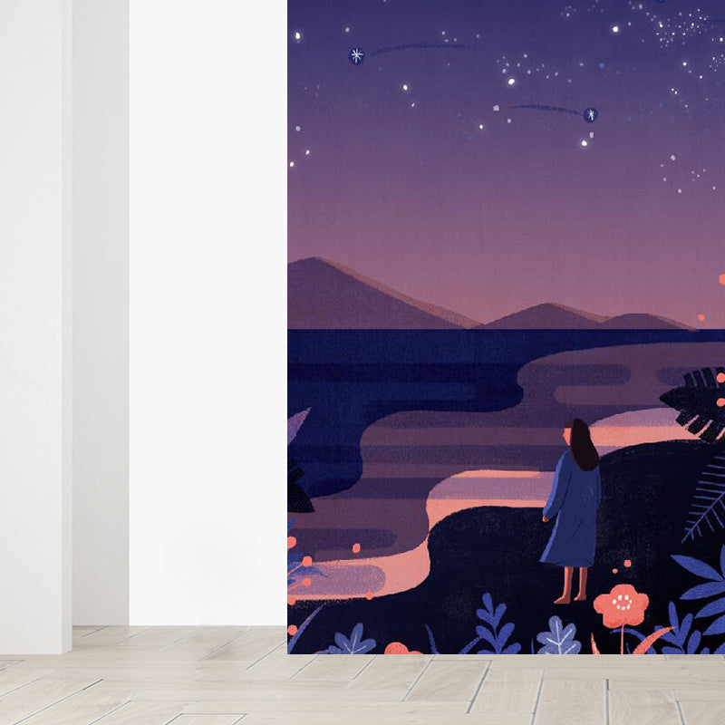 Starry Night Mural Decal Contemporary Non-Woven Textured Wall Covering in Purple