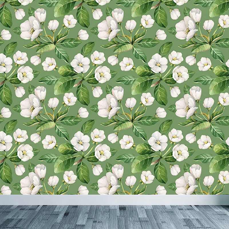 White Flower Pattern Wall Mural Moisture Resistant Tropical Living Room Wall Covering