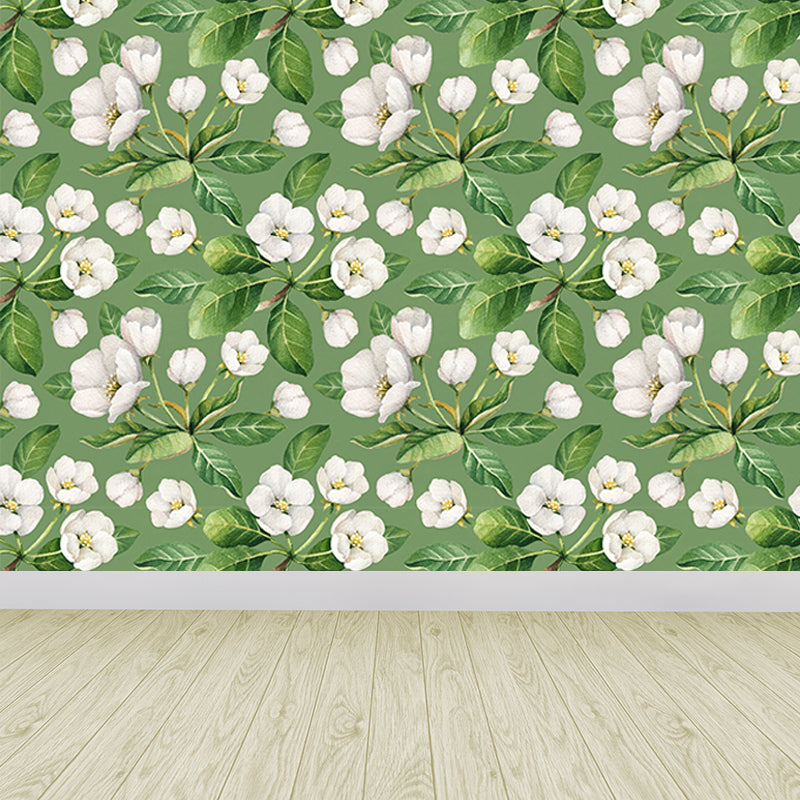 White Flower Pattern Wall Mural Moisture Resistant Tropical Living Room Wall Covering