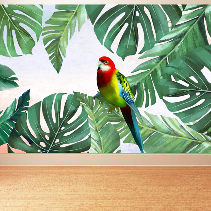 Tropical Bird Mural Wallpaper for Girls Bedroom Full Size Wall Covering in Green