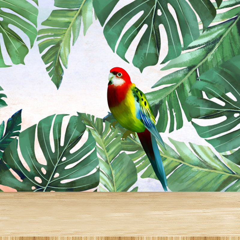 Tropical Bird Mural Wallpaper for Girls Bedroom Full Size Wall Covering in Green