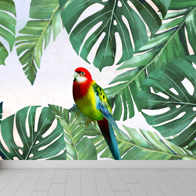 Tropical Bird Mural Wallpaper for Girls Bedroom Full Size Wall Covering in Green