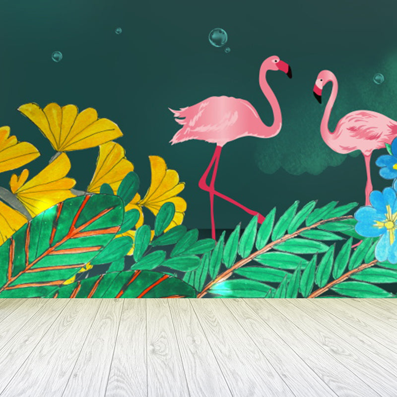 Waterproof Flamingo and Leaves Mural Tropical Non-Woven Wall Art, Custom Size Available