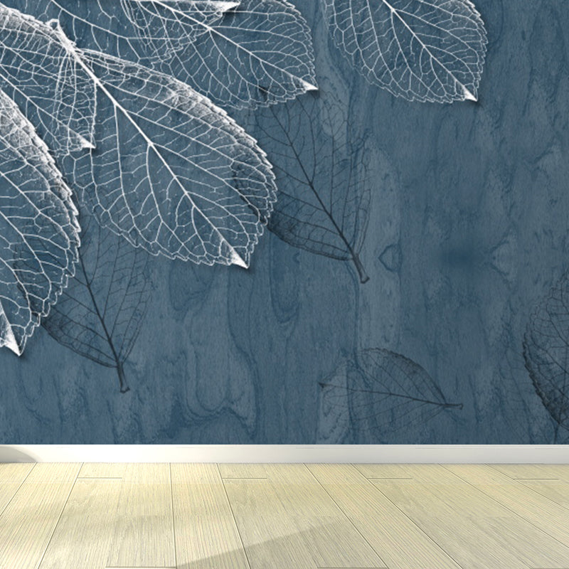 Large Leaves Pattern Mural Wallpaper Tropical Luxuriant Botanical Wall Decor in Grey Blue