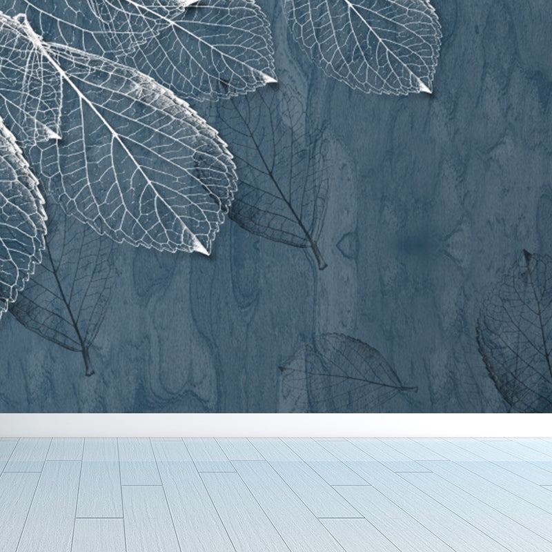 Large Leaves Pattern Mural Wallpaper Tropical Luxuriant Botanical Wall Decor in Grey Blue