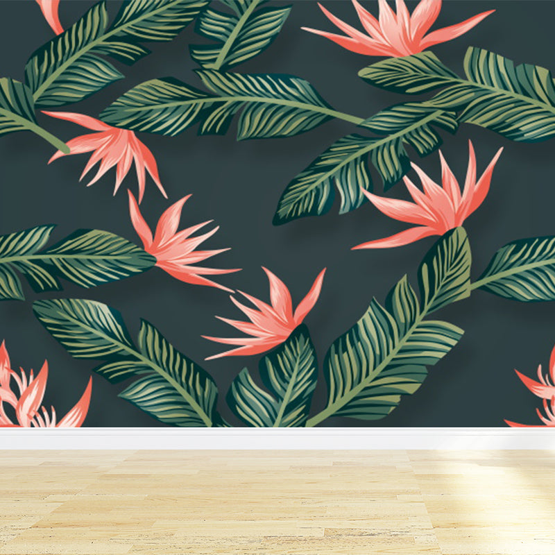 Tropical Flowers and Leaves Mural for Girls Bedroom Personalised Wall Decor in Green
