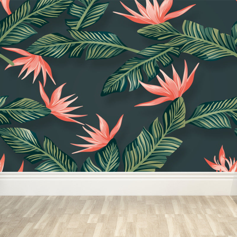 Tropical Flowers and Leaves Mural for Girls Bedroom Personalised Wall Decor in Green