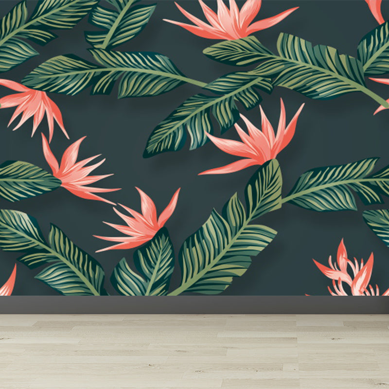Tropical Flowers and Leaves Mural for Girls Bedroom Personalised Wall Decor in Green