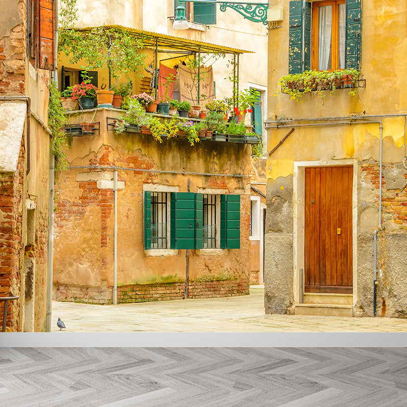 Tranquil Town Mural Decal Contemporary Non-Woven Textured Wall Covering in Yellow