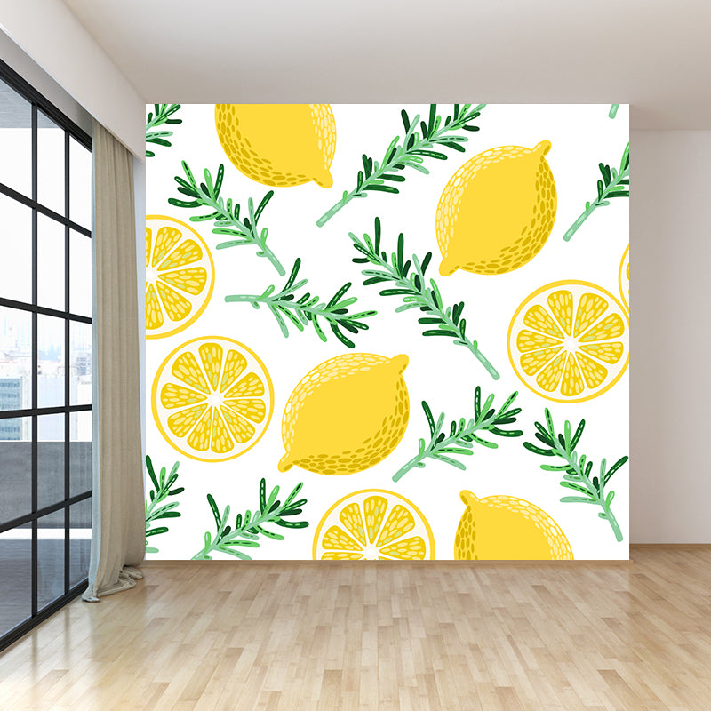 Modern Fruit and Leaves Mural Wallpaper Lemon Yellow Natural Botanical Wall Covering