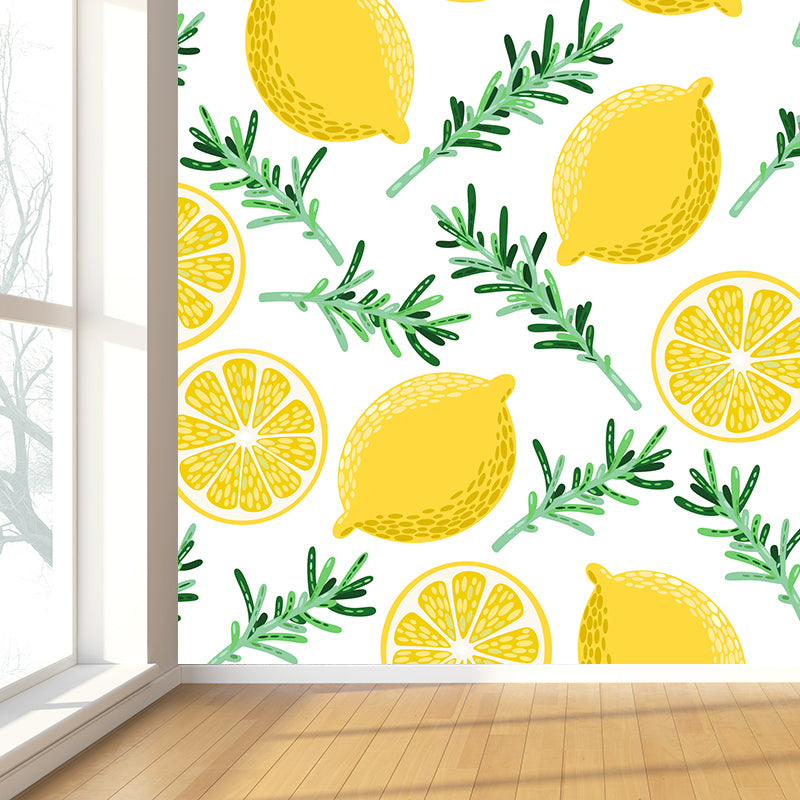 Modern Fruit and Leaves Mural Wallpaper Lemon Yellow Natural Botanical Wall Covering