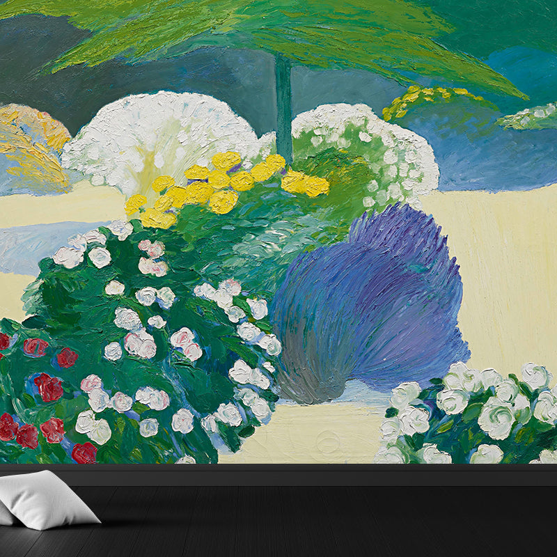 Green Colored Flowers Mural Wallpaper Stain Resistant Wall Covering for Dining Room