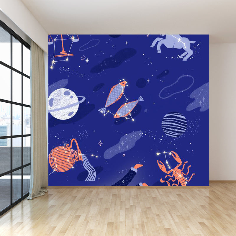 Contemporary Boy Mural Wallpaper Starry Night View and Planet Purple Wall Covering