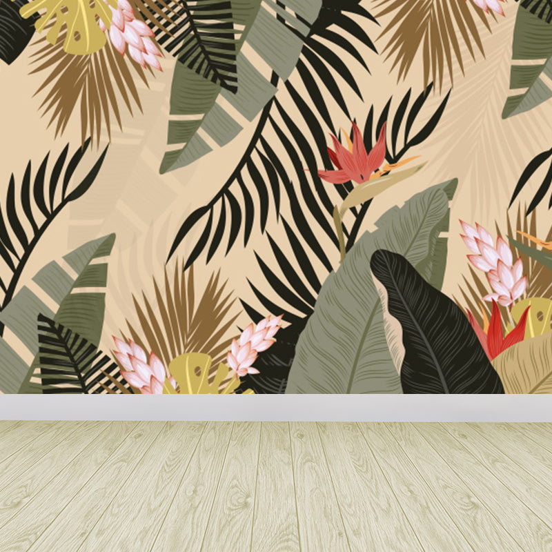 Leaves and Flowers Mural Wallpaper Tropical No-Woven Textured Wall Decor in Green