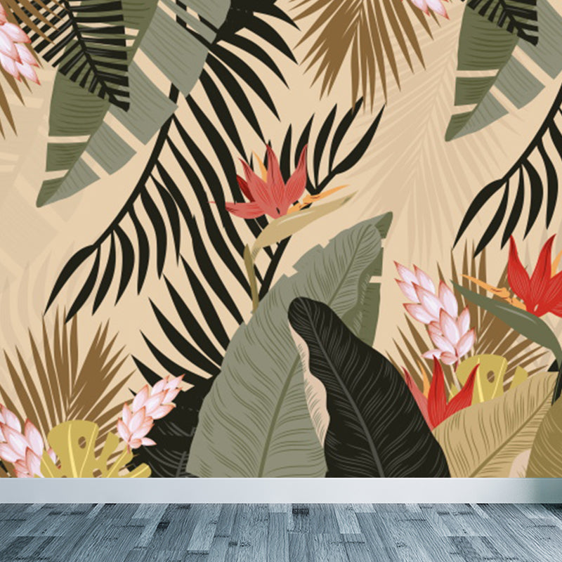 Leaves and Flowers Mural Wallpaper Tropical No-Woven Textured Wall Decor in Green