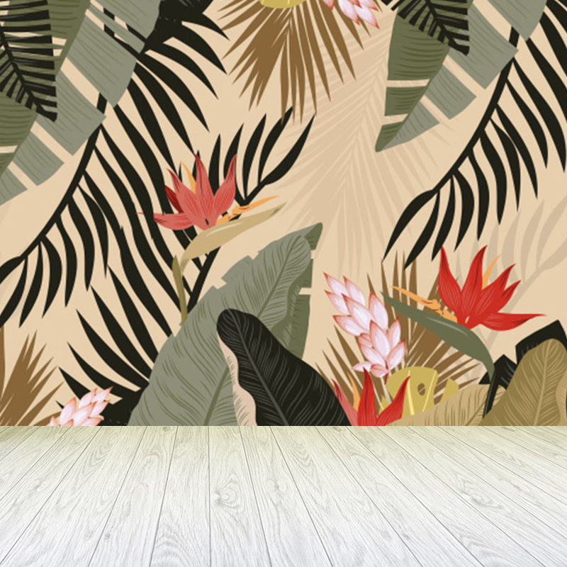 Leaves and Flowers Mural Wallpaper Tropical No-Woven Textured Wall Decor in Green