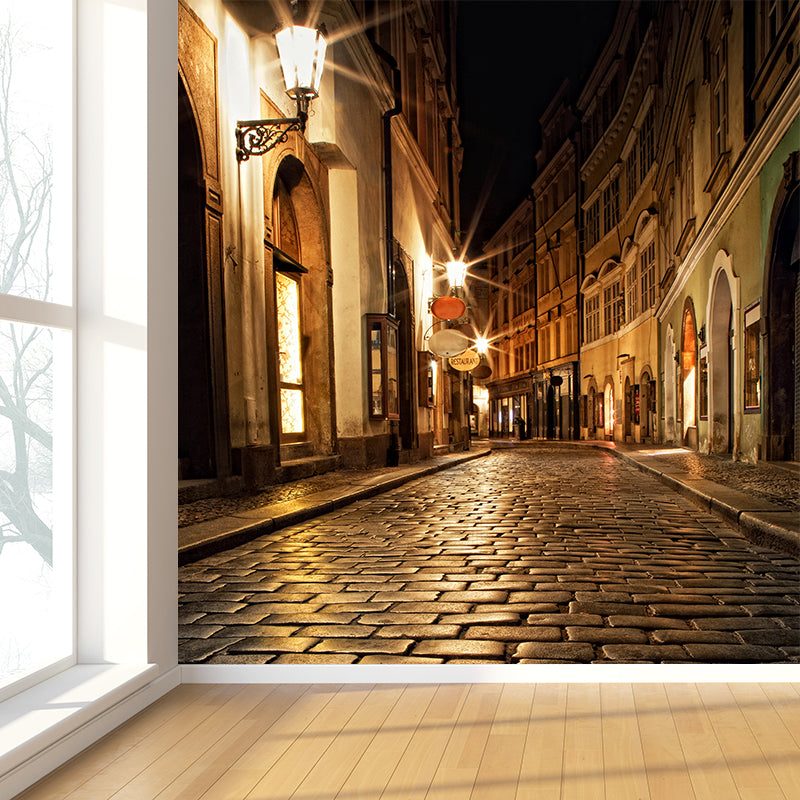 Modern Peaceful Town Mural Wallpaper Yellow Waterproofing Wall Decor for Bathroom