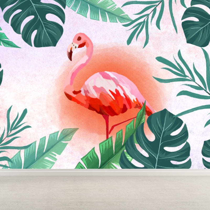 Tropical Leaves and Flamingo Mural Decal Red Dining Room Wall Covering, Personalized