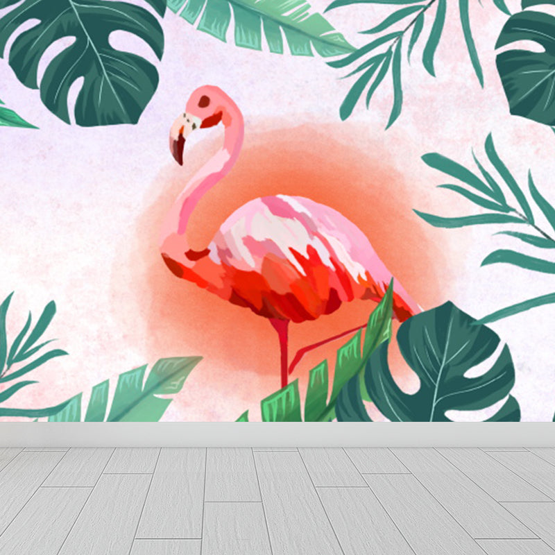 Tropical Leaves and Flamingo Mural Decal Red Dining Room Wall Covering, Personalized