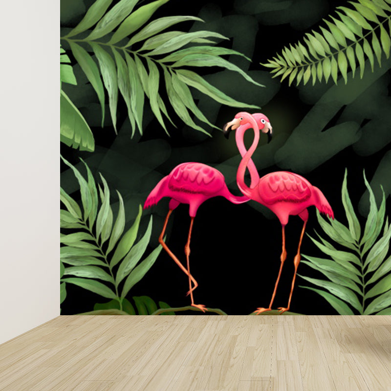 Green Flamingos Mural Wallpaper Wild Animals Tropical Stain Resistant Wall Covering