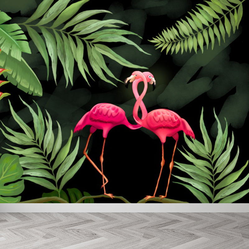Green Flamingos Mural Wallpaper Wild Animals Tropical Stain Resistant Wall Covering